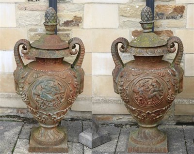 Lot 1365 - An Impressive Pair of Cast Iron Campana Shaped Garden Urns, 20th century, with removable lids...