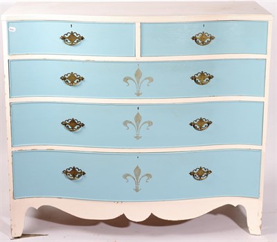 Lot 1458 - A Blue and Cream Painted Serpentine Shape Chest of Drawers, late 19th century, with reeded edge...