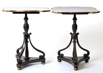 Lot 1465 - A Pair of Regency Papier Mâché, Ebonised and Parcel Gilt Tripod Tables, early 19th century,...