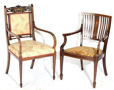 Lot 1534 - An Edwardian Mahogany, Boxwood Strung and Marquetry Inlaid Armchair, with close-nailed velvet...