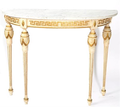 Lot 1573 - A Cream and Gilt Painted Demi-Lune Table, in Neo-Classical style, with grey and white Carrara...