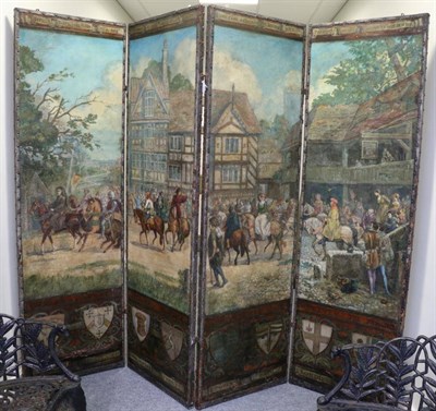 Lot 1575 - An Impressive Four Leaf Close-Nailed Painted Leather Dressing Screen, late 19th century,...