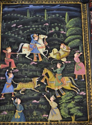 Lot 369A - An Indian Painting of a Tiger Hunt, in the Mughal style, watercolour on fabric