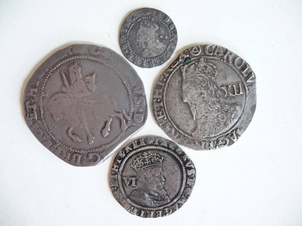 Lot 6 - Four Hammered Coins, Elizabeth I halfgroat MM hand, James I sixpence MM escallop, dig on rev.,...