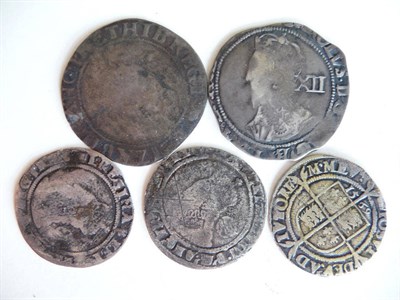 Lot 15 - Five Hammered Coins, comprising: Elizabeth I shilling 6th issue MM tun, three sixpences 1569 MM...