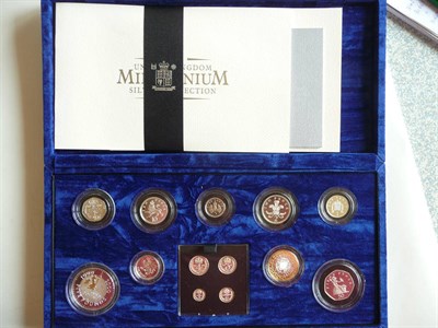 Lot 29 - Millennium Silver Proof Set 2000, nine coins 1p to £5 plus Maundy coins 4p - 1p (13 coins in...