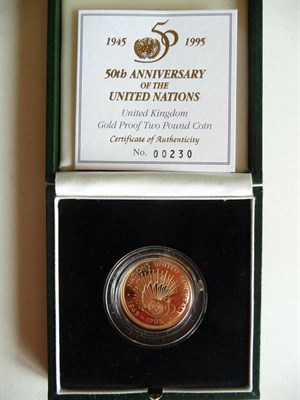 Lot 34 - Gold Proof £2 1995 "50th Anniversary of United Nations", with certificate in CofI, FDC