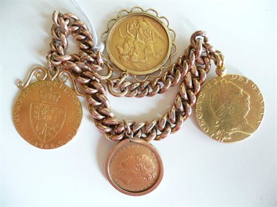 Lot 110 - 9ct Gold Link Bracelet, (wt 29g) with four attached coins - two guineas 1788 and 1793 both with...