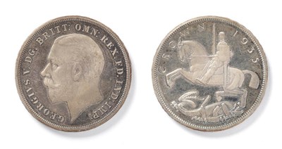 Lot 111 - Raised Edge Silver Proof Crown 1935, light blue toning in legends, flawless edge and surface,...