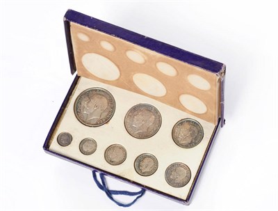 Lot 112 - Silver Proof Set 1911, eight coins halfcrown to Maundy 1d, all with matching blue/gold toning,...