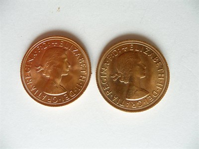 Lot 124 - Two Sovereigns, 1958 trivial marks EF, and 1965 contact marks on bust AEF