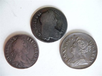 Lot 127 - Three Shillings, Charles II 1676, dark tone, bust Poor otherwise VG, William III 1697B (Bristol...