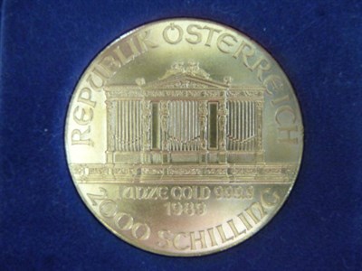 Lot 142 - Austria Gold 2000 Schillings 1989, (1oz 24ct gold), cased BU