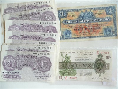 Lot 158 - Treasury Note 10 Shillings Warren Fisher, (1922-23 type); Eight Mauve Peppiatt 10 Shilling...