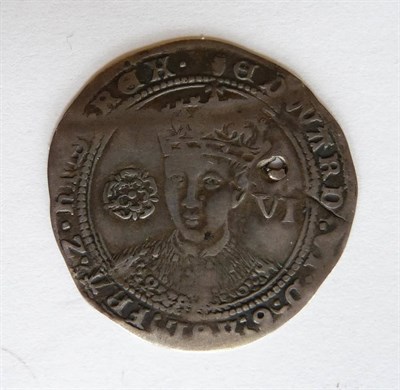 Lot 9 - Edward VI Sixpence, London Mint MM tun, old piercing above VI and straightened crease line...