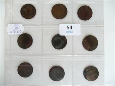 Lot 54 - 9 x Halfpennies: Charles II 1673 VG and 1675 no stops on obv. AFine; William and Mary 1694(x2)...