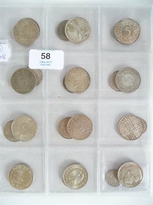 Lot 58 - Germany: 25 x Silver Coins: 13 x 5 marks 1934J/35F/35J/36A 1951G/51F/51J/66F/65F/70G/71F/72G...