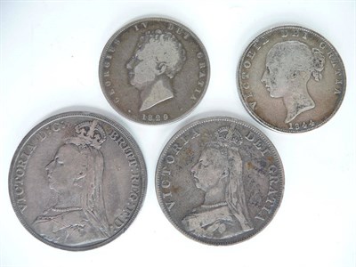 Lot 91 - 4 x English Silver Coins: crown 1892, double florin 1887A and 2 x halfcrowns: 1829 minor marks,...