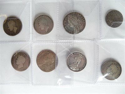 Lot 108 - 7 x Shillings: 1758 VF, 1758 AFine/VG, 1826(x4) Fair to VG, 1887JH AVF; and William III...