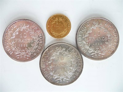 Lot 115 - France: Gold 20 Francs 1856A, 6.44g of .900 gold AVF; and 3 x Silver 10 Francs 1965 AEF to GEF