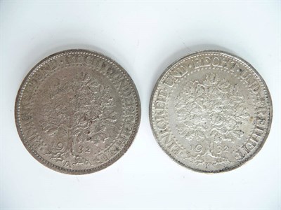 Lot 121 - Germany: 2 x Silver 5 Marks 1932A & 1932F edge bumps, both scarce Oak Tree rev. VF