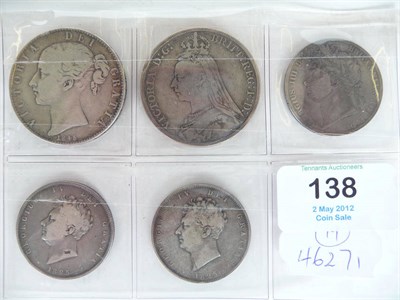 Lot 138 - 2 x Crowns: 1845 XIII minor obv. edge bumps and 1889; and 3 x Halfcrowns 1823 2nd rev and...