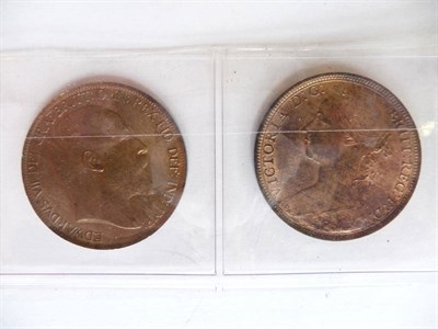 Lot 140 - 2 x Pennies: 1902 'low tide' lightly toned with subdued lustre GEF, and 1891 good lustre AEF