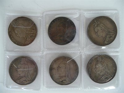 Lot 146 - 5 x Crowns: 1889 (x2), 1890 (x2, one with edge knocks) and 1891; and a Double Florin 1889,...