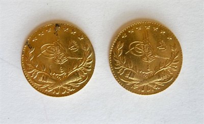 Lot 174 - Turkey: 2 x Gold 25 Kurus AH1327 yr4 (1912), 1.80g and 1.83g (22ct gold), both lustrous, AEF to EF