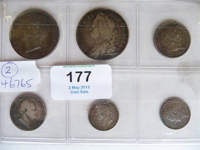 Lot 177 - 6 x English Silver Coins comprising: 2 x halfcrowns 1745 LIMA D.NONO weak rev. centre otherwise...