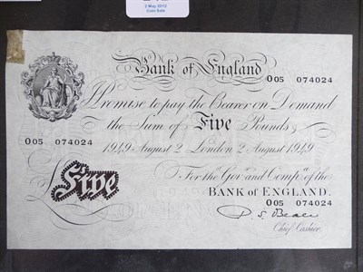 Lot 242 - White £5 Beale, London 2 Aug 1949, small piece of sellotape around top left corner otherwise EF