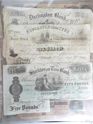 Lot 245 - 3 x Provincial £5 Banknotes: Darlington Bank 1885, cut cancelled Fair, Newcastle upon Tyne...