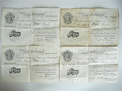 Lot 246 - 4 x White £5: Peppiatt London Nov 29 1945, K90, vertical and horizontal folds and tiny edge...