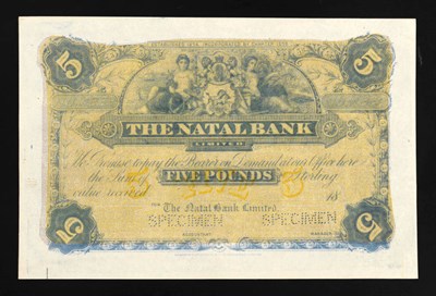 Lot 255 - South Africa, The Natal Bank Limited, colour trial specimen £5 ND (18--), Bradbury Wilkinson and