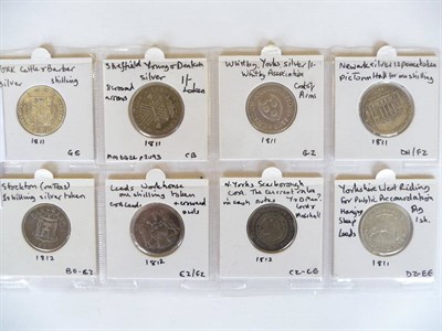 Lot 257 - 8 x 19th Century Silver Shilling Tokens: York 1811 'Cattle and Barber', Sheffield 1811 'Younge...