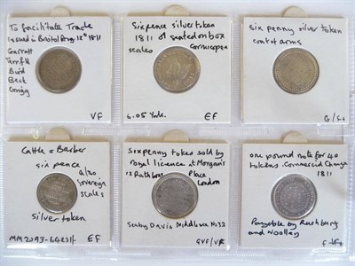 Lot 259 - 6 x 19th Century Silver Sixpence Tokens: Sheffield 1811 'Younge and Deakin,' Bristol 1811...