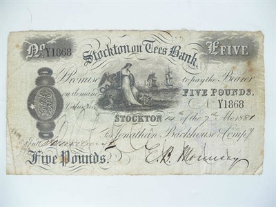 Lot 274 - Stockton on Tees Bank £5 1881 'For Jonathan Backhouse & Co' GFine or+