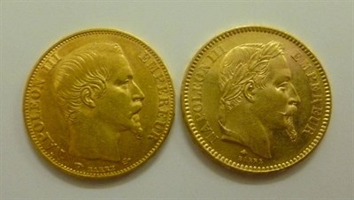 Lot 308 - France, 2 x Gold 20 Francs: 1855A, plain bust of Napoleon III, light contact marks/hairlines, 6.41g