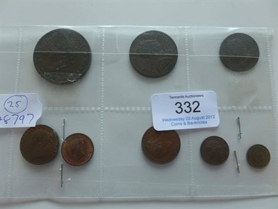 Lot 332 - 6 X 19th century English Bronze Coins comprising:   Penny 1826 plain saltire, Halfpenny 1770...