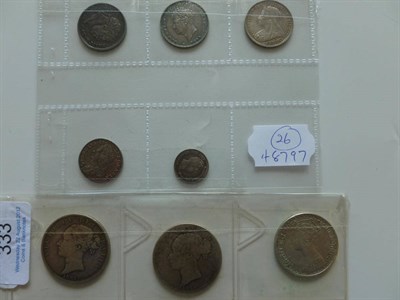 Lot 333 - 8 x English Silver Coins comprising: 2 x Halfcrowns: 1887 Young Head, a few minor hairlines...