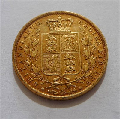 Lot 340 - Sovereign 1855 shieldback, reddish tone in legends, a few contact marks, Fine/AVF