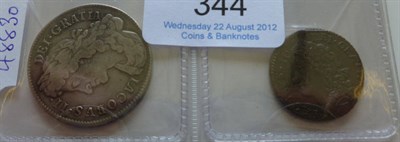 Lot 344 - James II Halfcrown 1687 TERTIO, 1st bust, good edge and surfaces AVF and a gunmoney shilling (large