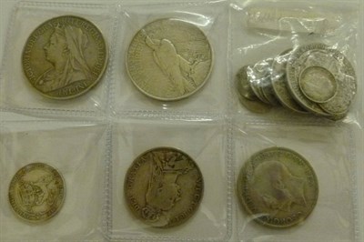 Lot 383 - Miscellaneous English Silver Coins comprising: crown 1900 LXIV, minor marks and edge...