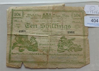 Lot 404 - South Africa, Mafeking Siege Note for 10 Shillings March 1900, serial no. 4901, with corrected...