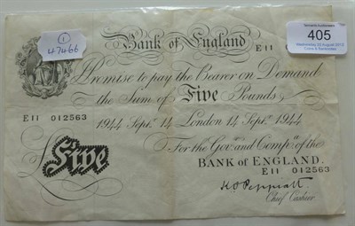 Lot 405 - White £5 Peppiatt,  London  14 Sept 1944 (E11), vertical and horizontal creases otherwise VF+