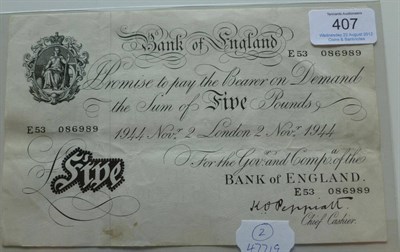 Lot 407 - White £5 Peppiatt, London Nov 2 1944, obv. handling marks to lower left below FIVE  and...