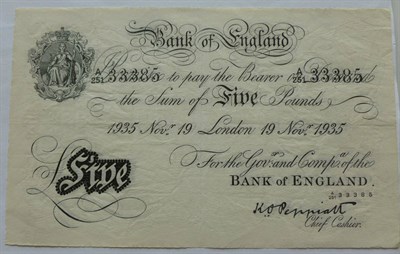 Lot 411 - White £5 Peppiatt, London 19 Nov 1935, Bernhard Forgery, pinholes on and below Britannia...