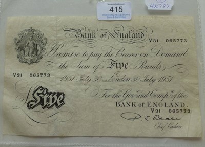 Lot 415 - White £5 Beale, London 30 July 1951, a couple of tiny pinholes in centre otherwise AEF