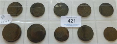 Lot 421 - 10 x 18th and 19th century Tokens comprising: Middlesex, 4 x Halfpennies: 1795 'London...