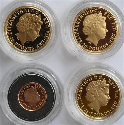 Lot 314 - 3 x Britannia Gold Proof £25 (each ¼ oz fine gold): 2007, 2008, 2010; and a 1/4 Sovereign...